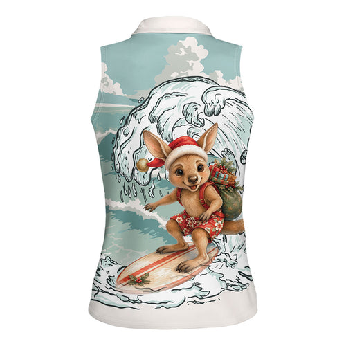 Aussie Festive Wallaby Christmas Women Sleeveless Polo Shirt Surf's up Santa Animal Lover