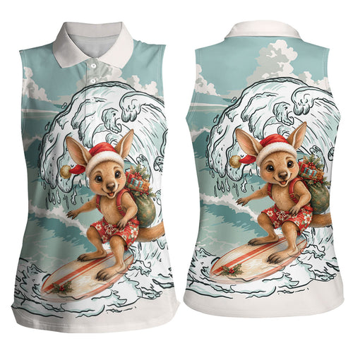 Aussie Festive Wallaby Christmas Women Sleeveless Polo Shirt Surf's up Santa Animal Lover