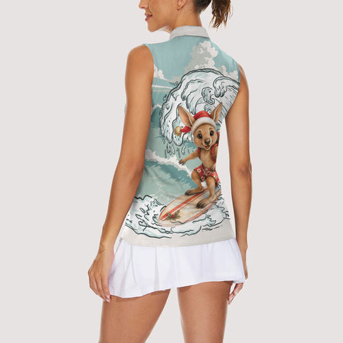Aussie Festive Wallaby Christmas Women Sleeveless Polo Shirt Surf's up Santa Animal Lover