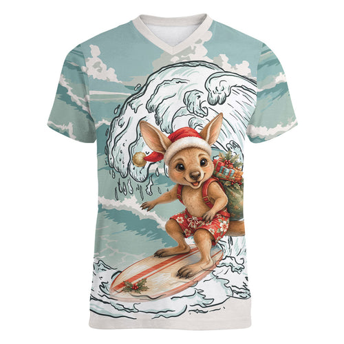 Aussie Festive Wallaby Christmas Women V-Neck T-Shirt Surf's up Santa Animal Lover