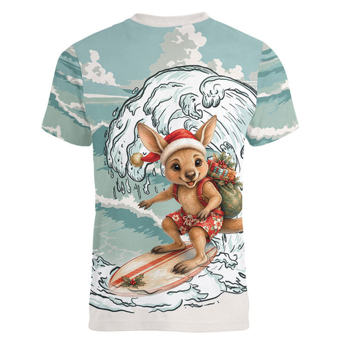 Aussie Festive Wallaby Christmas Women V-Neck T-Shirt Surf's up Santa Animal Lover