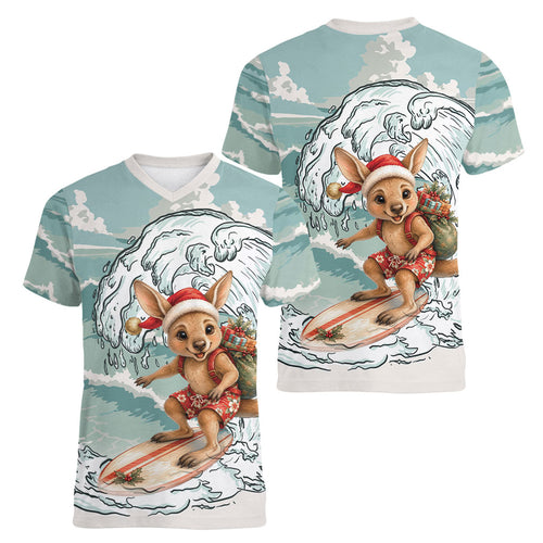 Aussie Festive Wallaby Christmas Women V-Neck T-Shirt Surf's up Santa Animal Lover