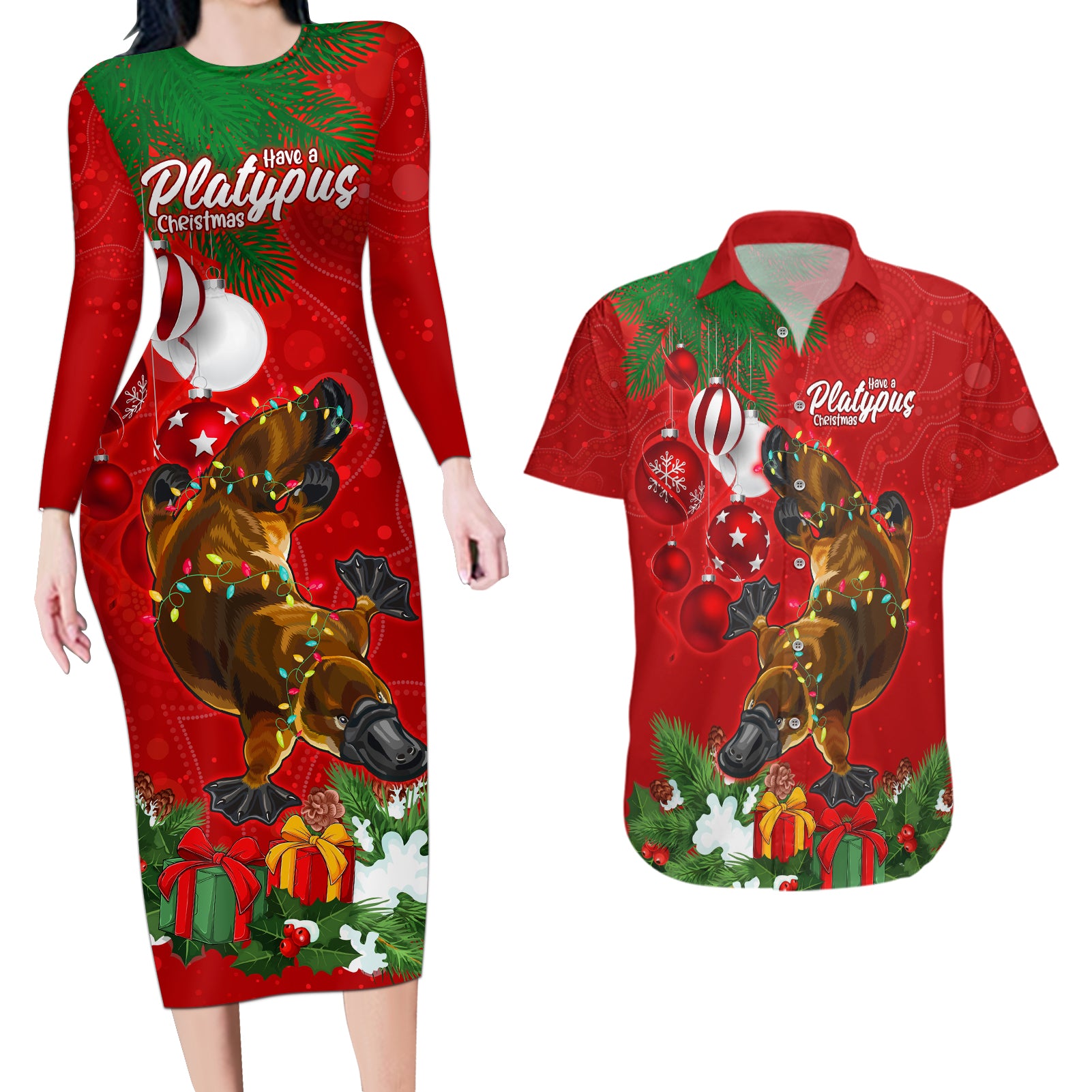 platypus-lover-couples-matching-long-sleeve-bodycon-dress-and-hawaiian-shirt-australia-merry-christmas-aboriginal