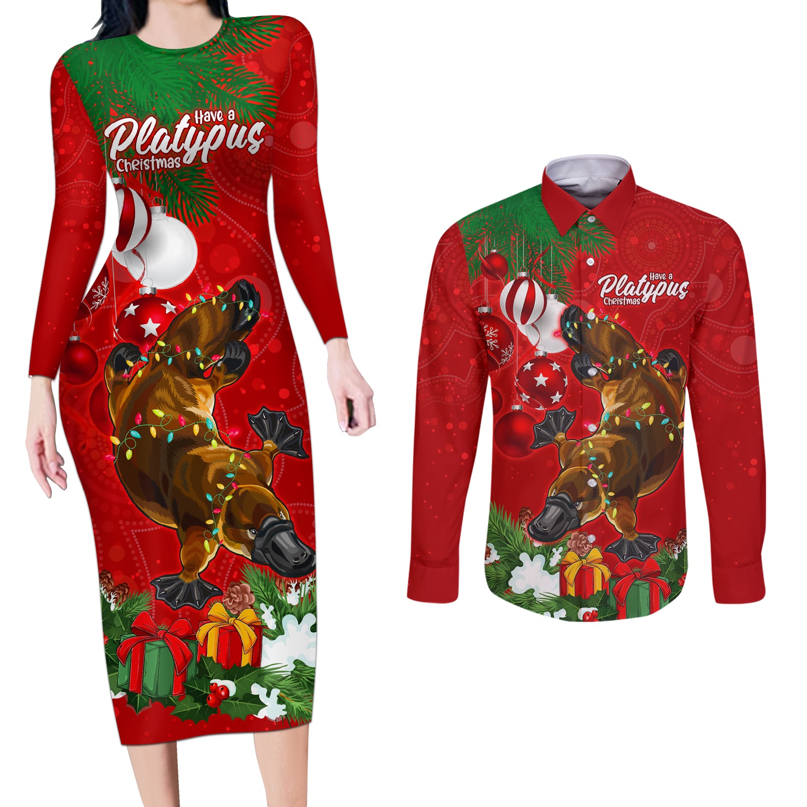 platypus-lover-couples-matching-long-sleeve-bodycon-dress-and-long-sleeve-button-shirt-australia-merry-christmas-aboriginal