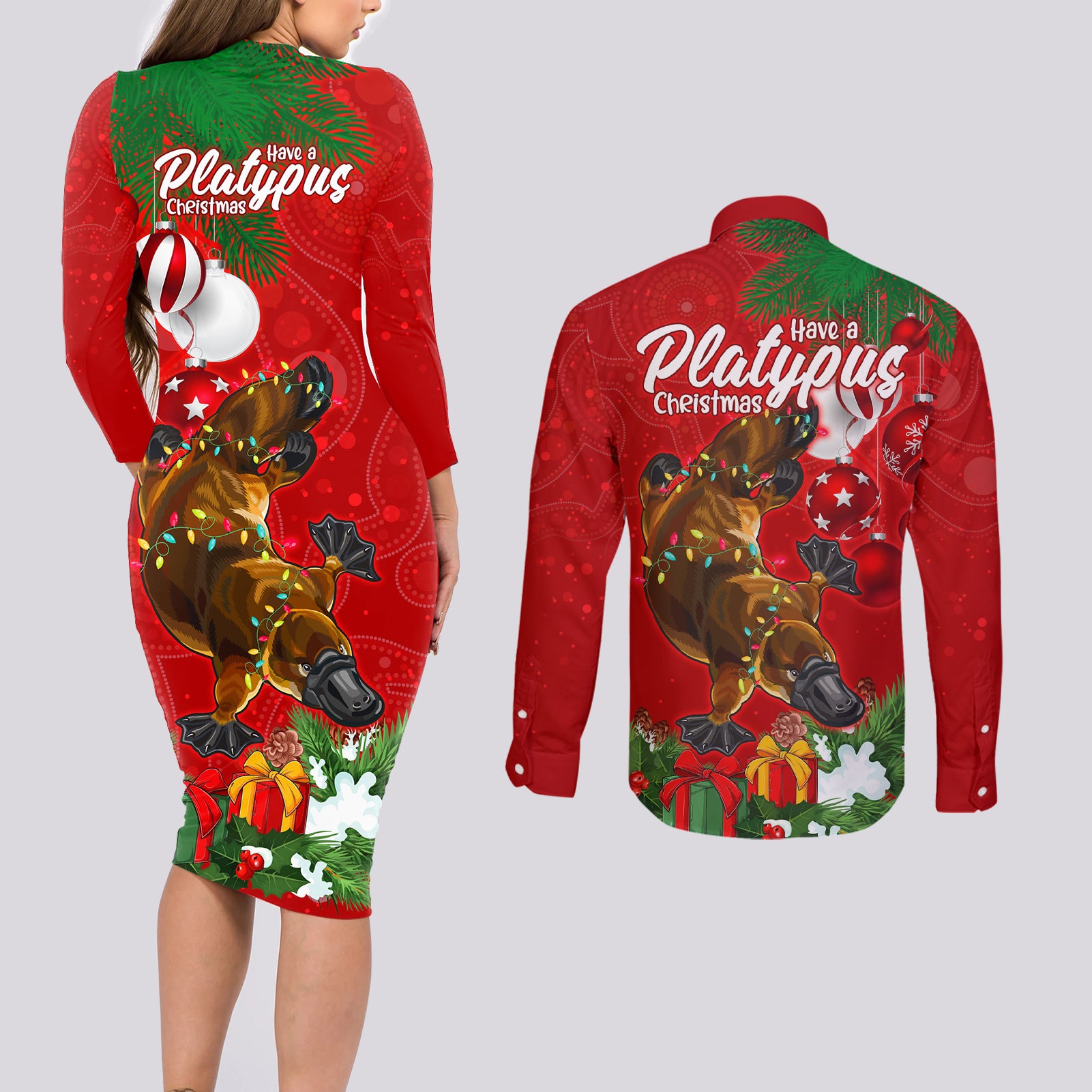 platypus-lover-couples-matching-long-sleeve-bodycon-dress-and-long-sleeve-button-shirt-australia-merry-christmas-aboriginal