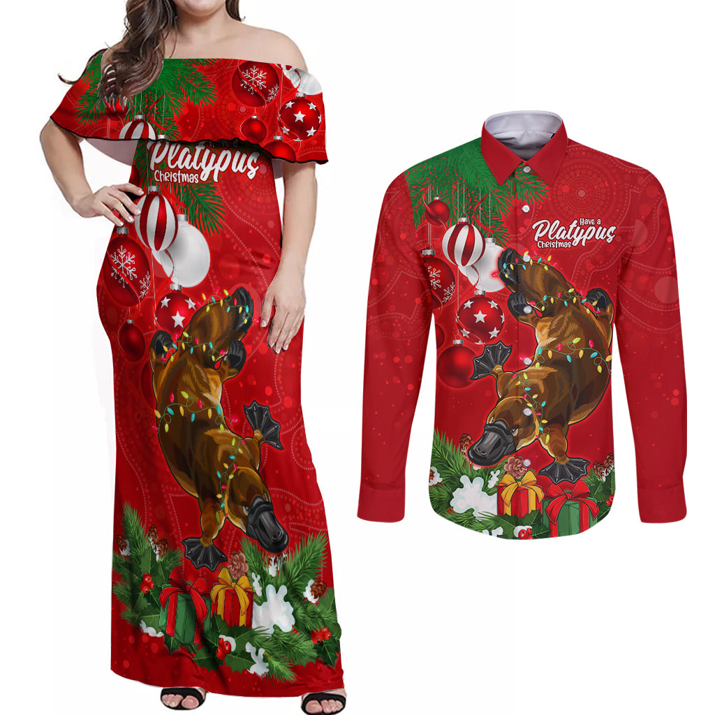 platypus-lover-couples-matching-off-shoulder-maxi-dress-and-long-sleeve-button-shirt-australia-merry-christmas-aboriginal