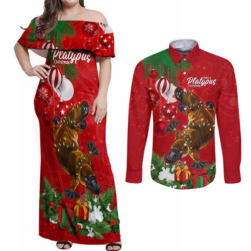platypus-lover-couples-matching-off-shoulder-maxi-dress-and-long-sleeve-button-shirt-australia-merry-christmas-aboriginal