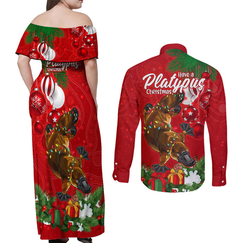 platypus-lover-couples-matching-off-shoulder-maxi-dress-and-long-sleeve-button-shirt-australia-merry-christmas-aboriginal