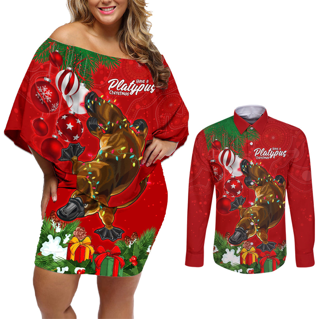 platypus-lover-couples-matching-off-shoulder-short-dress-and-long-sleeve-button-shirt-australia-merry-christmas-aboriginal
