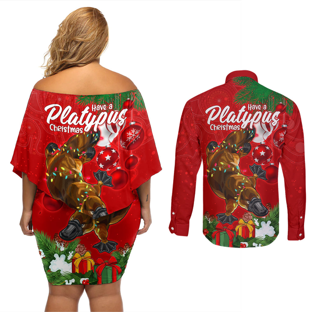 platypus-lover-couples-matching-off-shoulder-short-dress-and-long-sleeve-button-shirt-australia-merry-christmas-aboriginal