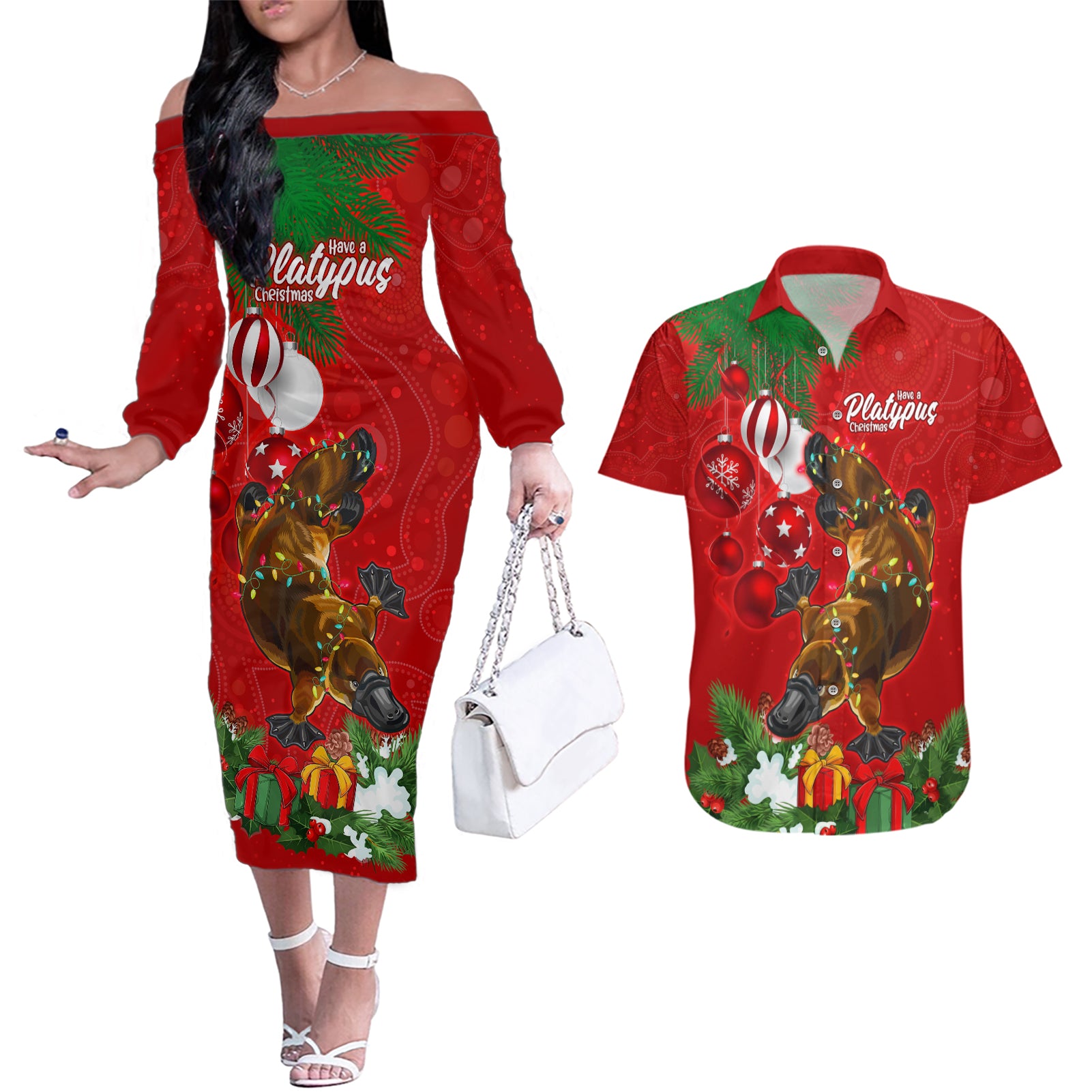 platypus-lover-couples-matching-off-the-shoulder-long-sleeve-dress-and-hawaiian-shirt-australia-merry-christmas-aboriginal