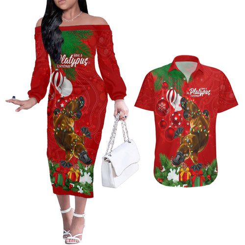 platypus-lover-couples-matching-off-the-shoulder-long-sleeve-dress-and-hawaiian-shirt-australia-merry-christmas-aboriginal