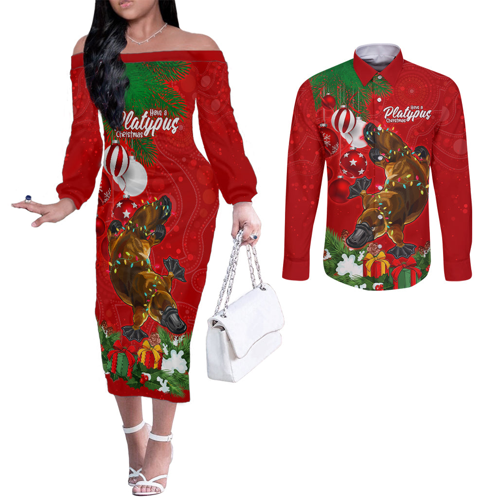 platypus-lover-couples-matching-off-the-shoulder-long-sleeve-dress-and-long-sleeve-button-shirt-australia-merry-christmas-aboriginal