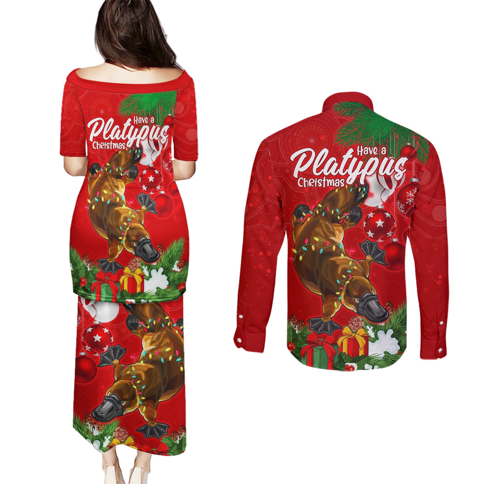 platypus-lover-couples-matching-puletasi-dress-and-long-sleeve-button-shirt-australia-merry-christmas-aboriginal