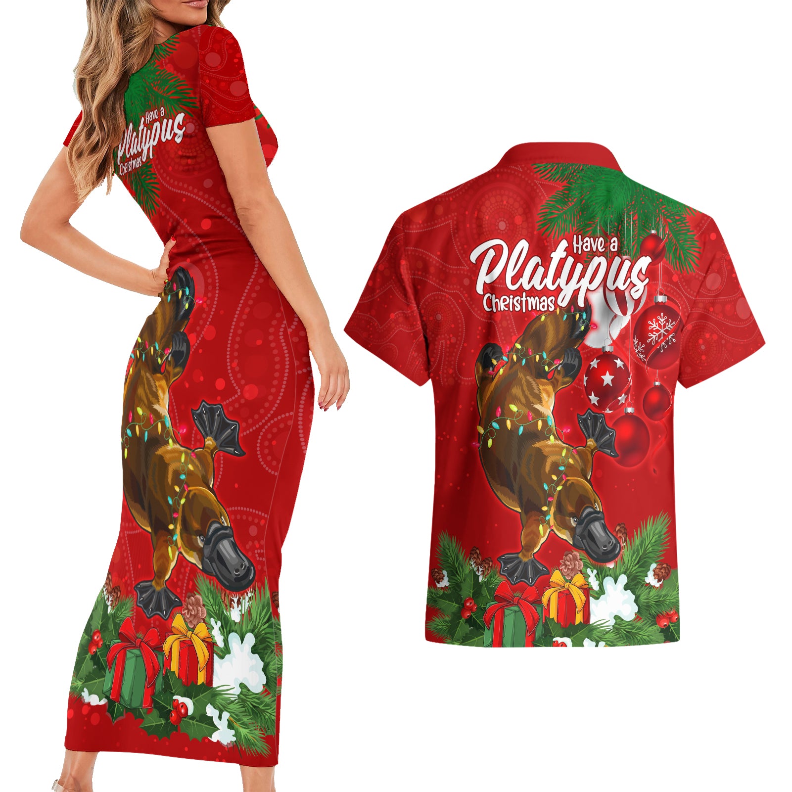 platypus-lover-couples-matching-short-sleeve-bodycon-dress-and-hawaiian-shirt-australia-merry-christmas-aboriginal