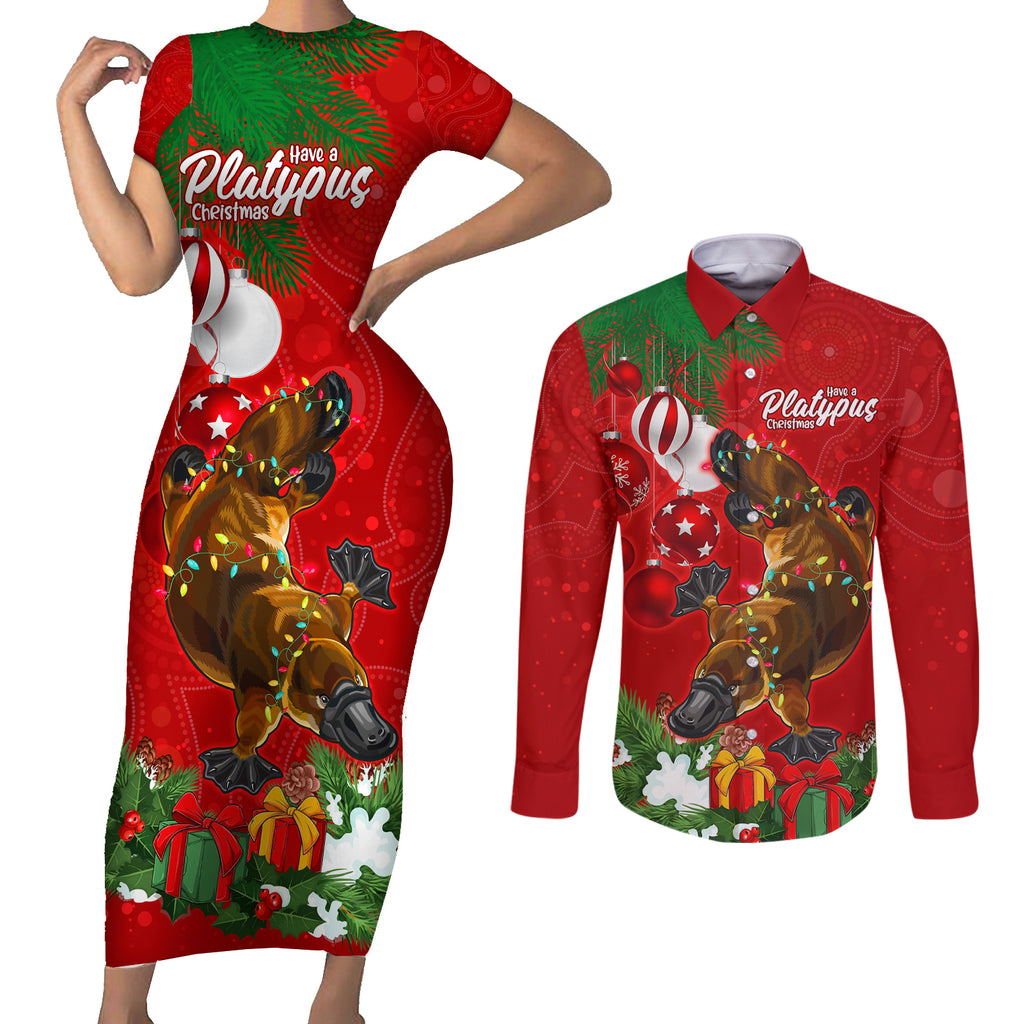 platypus-lover-couples-matching-short-sleeve-bodycon-dress-and-long-sleeve-button-shirt-australia-merry-christmas-aboriginal