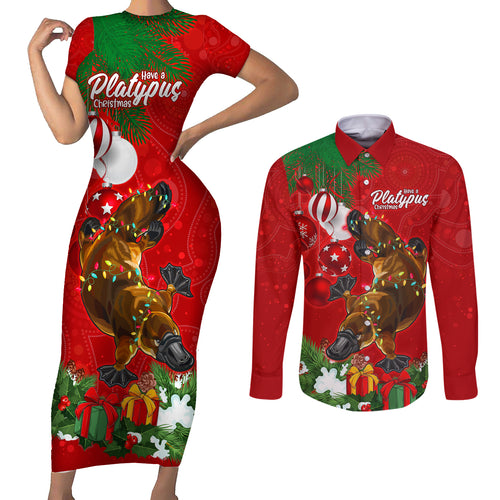 platypus-lover-couples-matching-short-sleeve-bodycon-dress-and-long-sleeve-button-shirt-australia-merry-christmas-aboriginal