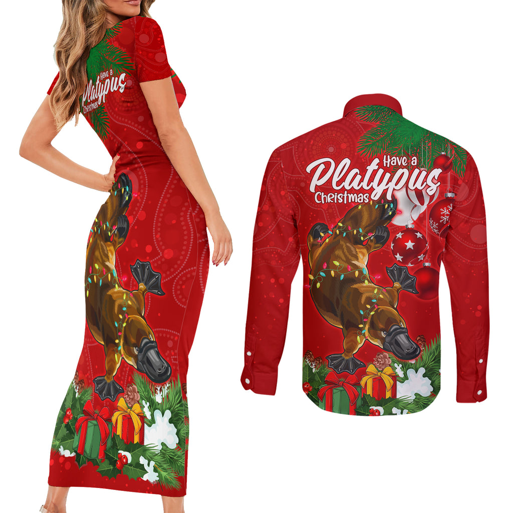 platypus-lover-couples-matching-short-sleeve-bodycon-dress-and-long-sleeve-button-shirt-australia-merry-christmas-aboriginal