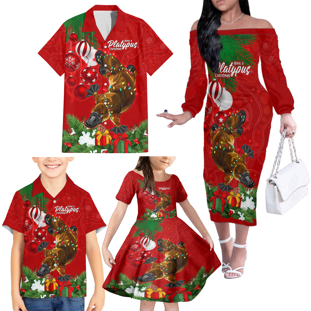 platypus-lover-family-matching-off-shoulder-long-sleeve-dress-and-hawaiian-shirt-australia-merry-christmas-aboriginal
