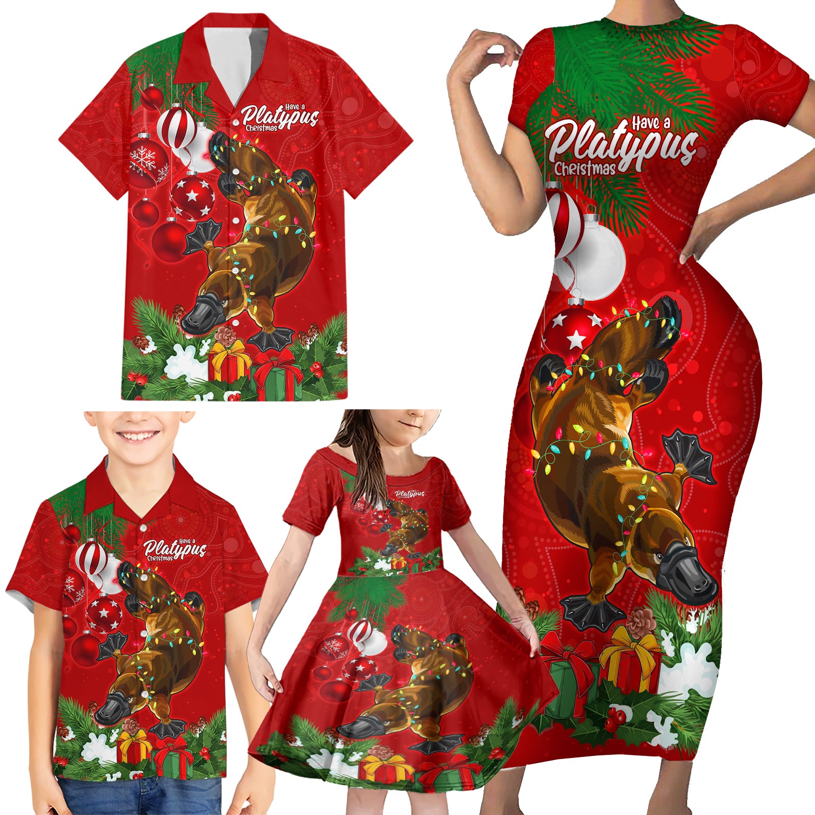 platypus-lover-family-matching-short-sleeve-bodycon-dress-and-hawaiian-shirt-australia-merry-christmas-aboriginal