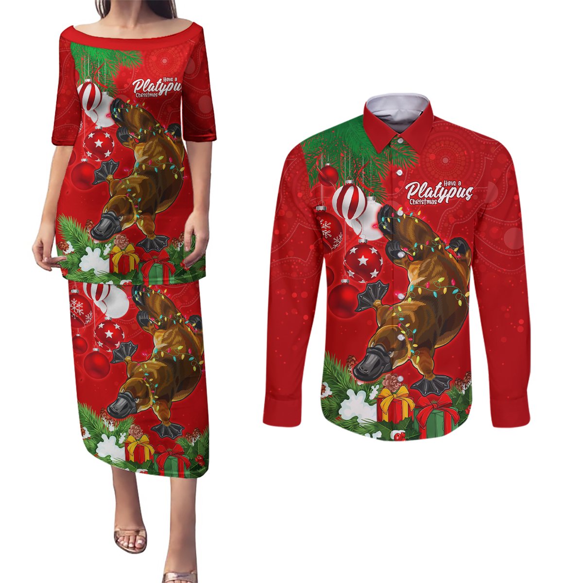 personalised-platypus-lover-couples-matching-puletasi-dress-and-long-sleeve-button-shirt-australia-merry-christmas-aboriginal