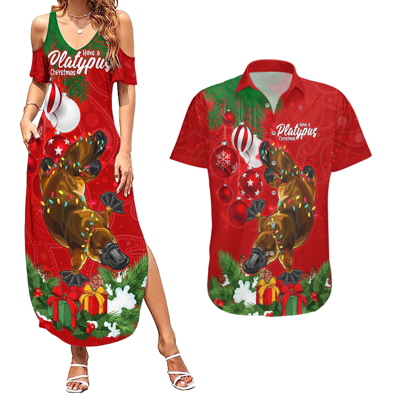 personalised-platypus-lover-couples-matching-summer-maxi-dress-and-hawaiian-shirt-australia-merry-christmas-aboriginal
