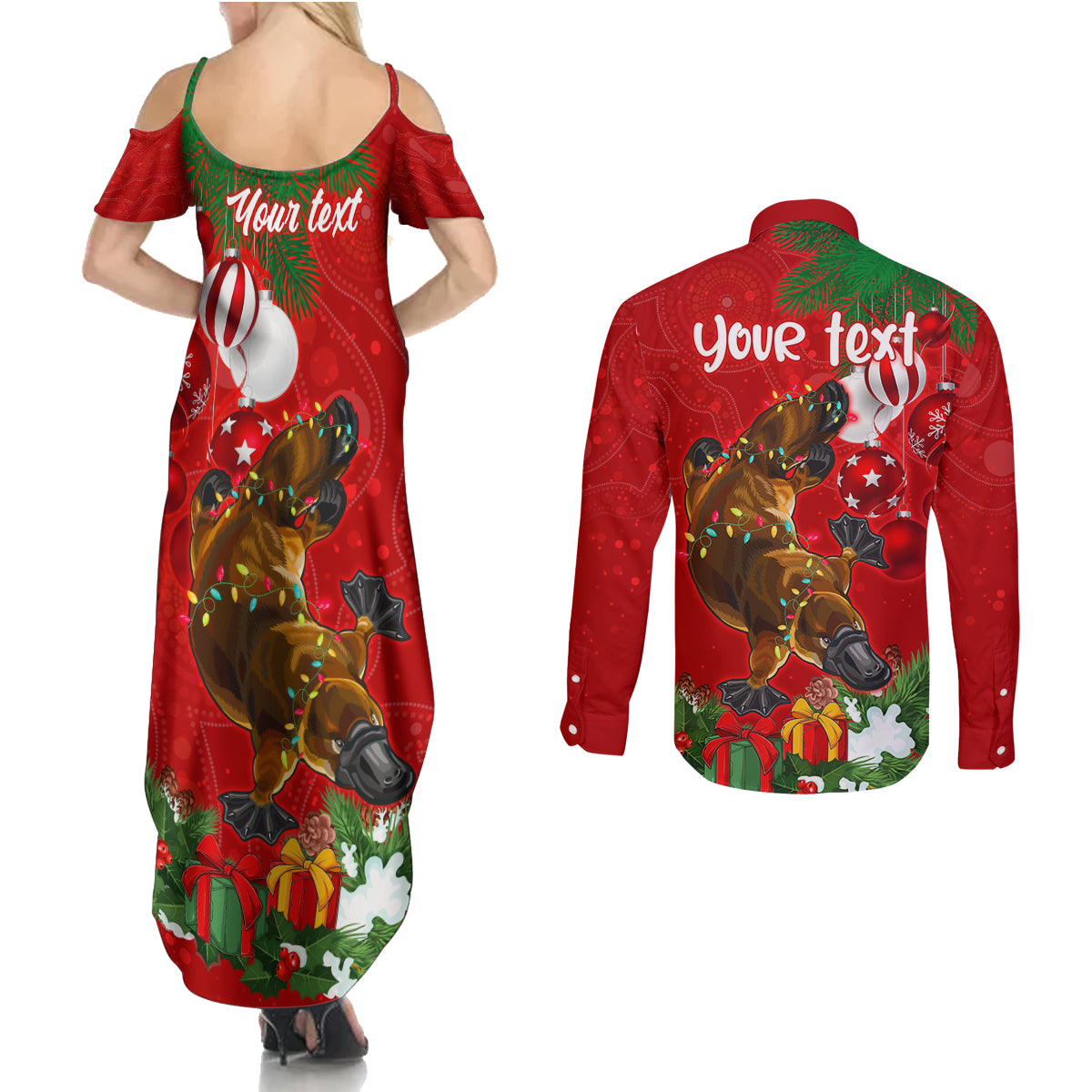 personalised-platypus-lover-couples-matching-summer-maxi-dress-and-long-sleeve-button-shirt-australia-merry-christmas-aboriginal