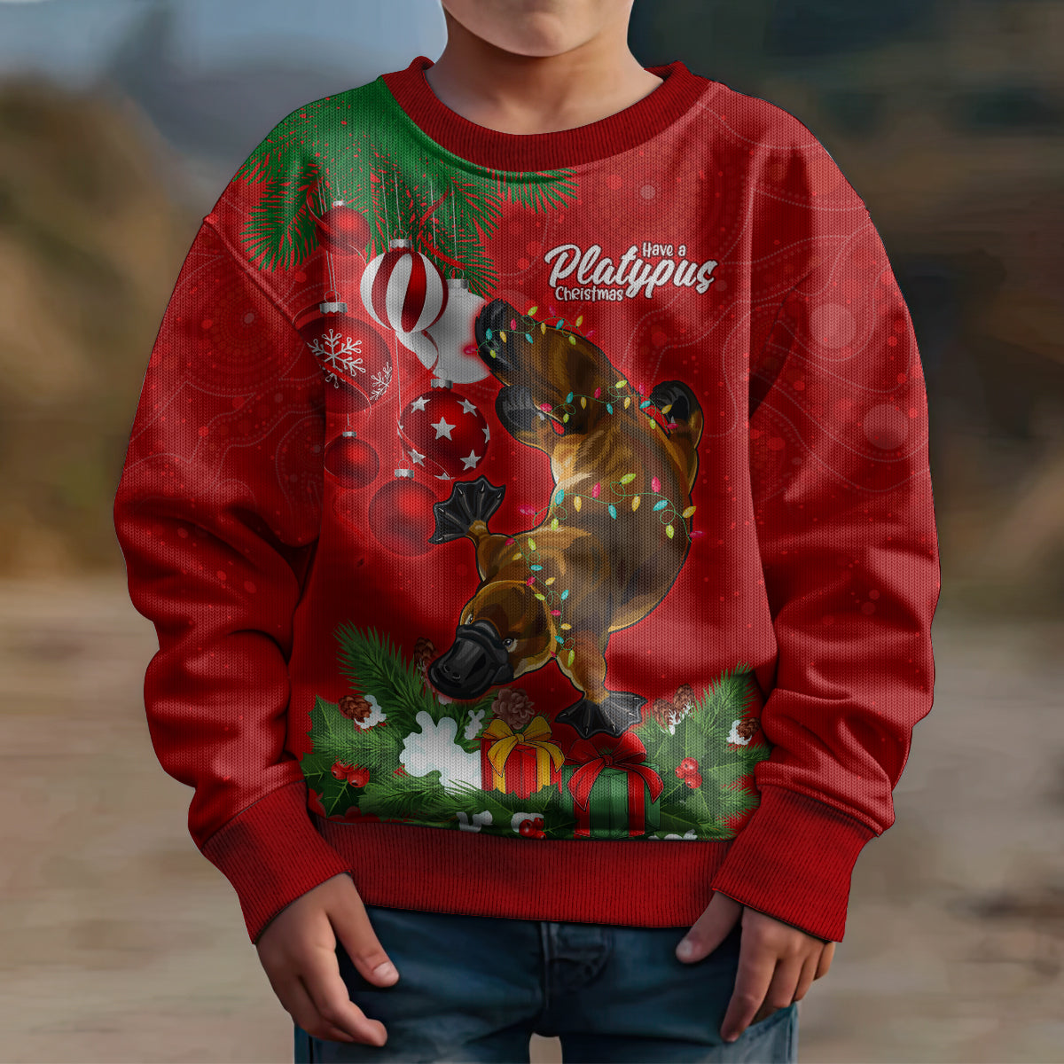 personalised-platypus-lover-kid-ugly-christmas-sweater-australia-merry-christmas-aboriginal