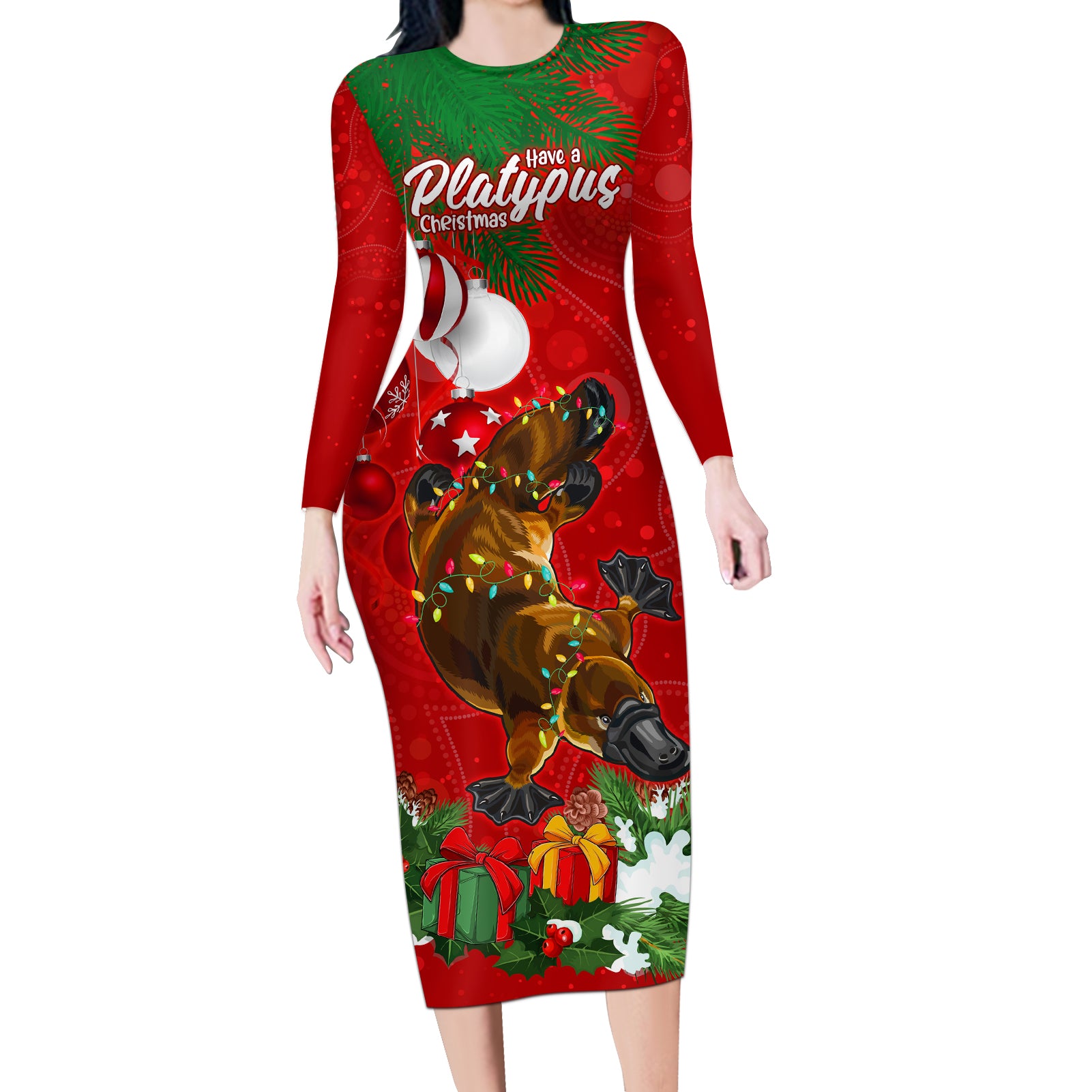 personalised-platypus-lover-long-sleeve-bodycon-dress-australia-merry-christmas-aboriginal