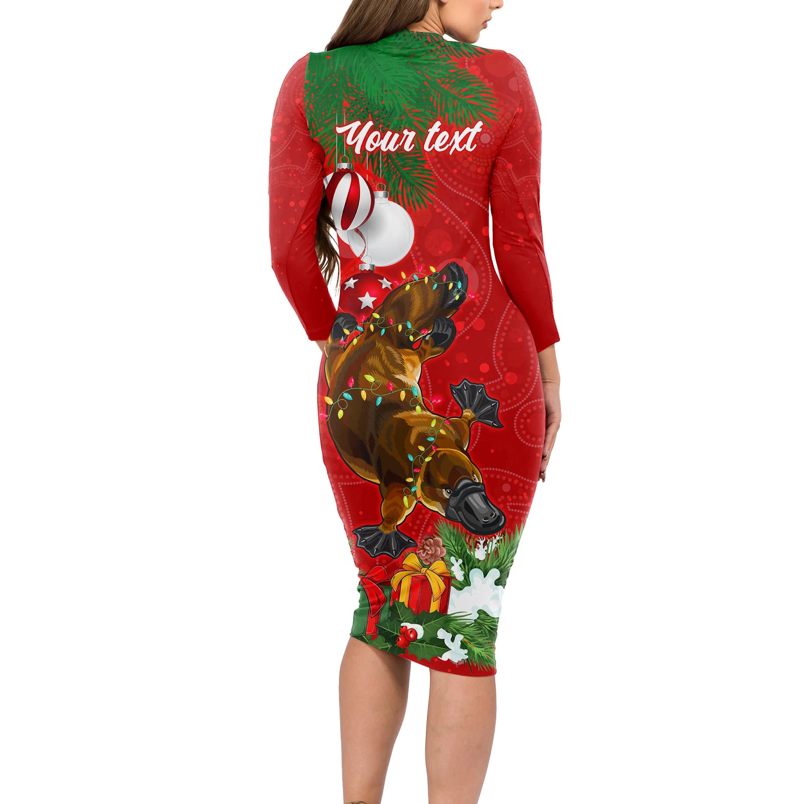 personalised-platypus-lover-long-sleeve-bodycon-dress-australia-merry-christmas-aboriginal