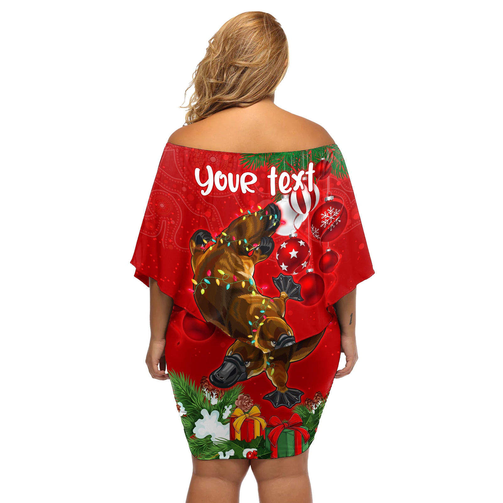 personalised-platypus-lover-off-shoulder-short-dress-australia-merry-christmas-aboriginal