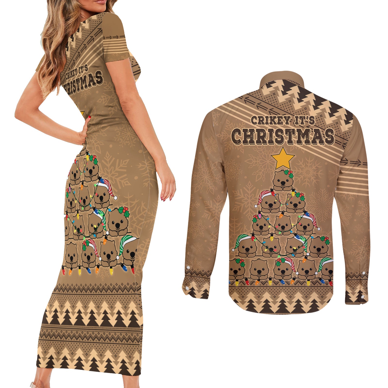 wombat-christmas-tree-couples-matching-short-sleeve-bodycon-dress-and-long-sleeve-button-shirt-australia-merry-xmas-simple-style