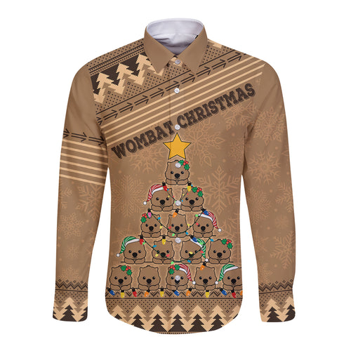 wombat-christmas-tree-long-sleeve-button-shirt-australia-merry-xmas-simple-style