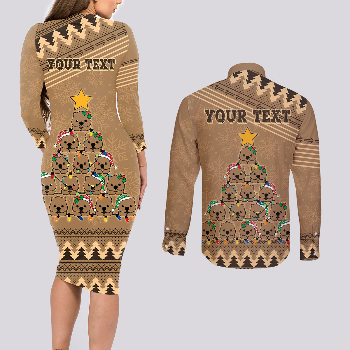 personalised-wombat-christmas-tree-couples-matching-long-sleeve-bodycon-dress-and-long-sleeve-button-shirt-australia-merry-xmas-simple-style