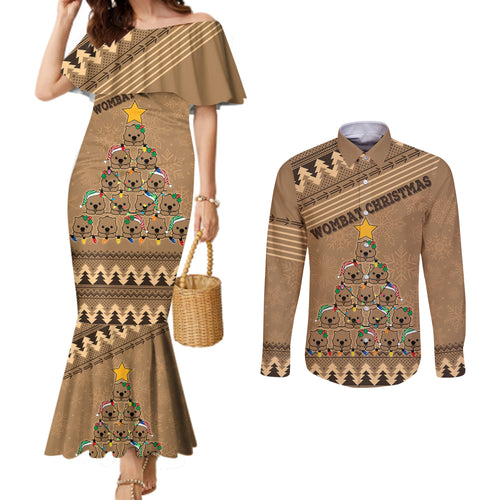 personalised-wombat-christmas-tree-couples-matching-mermaid-dress-and-long-sleeve-button-shirt-australia-merry-xmas-simple-style