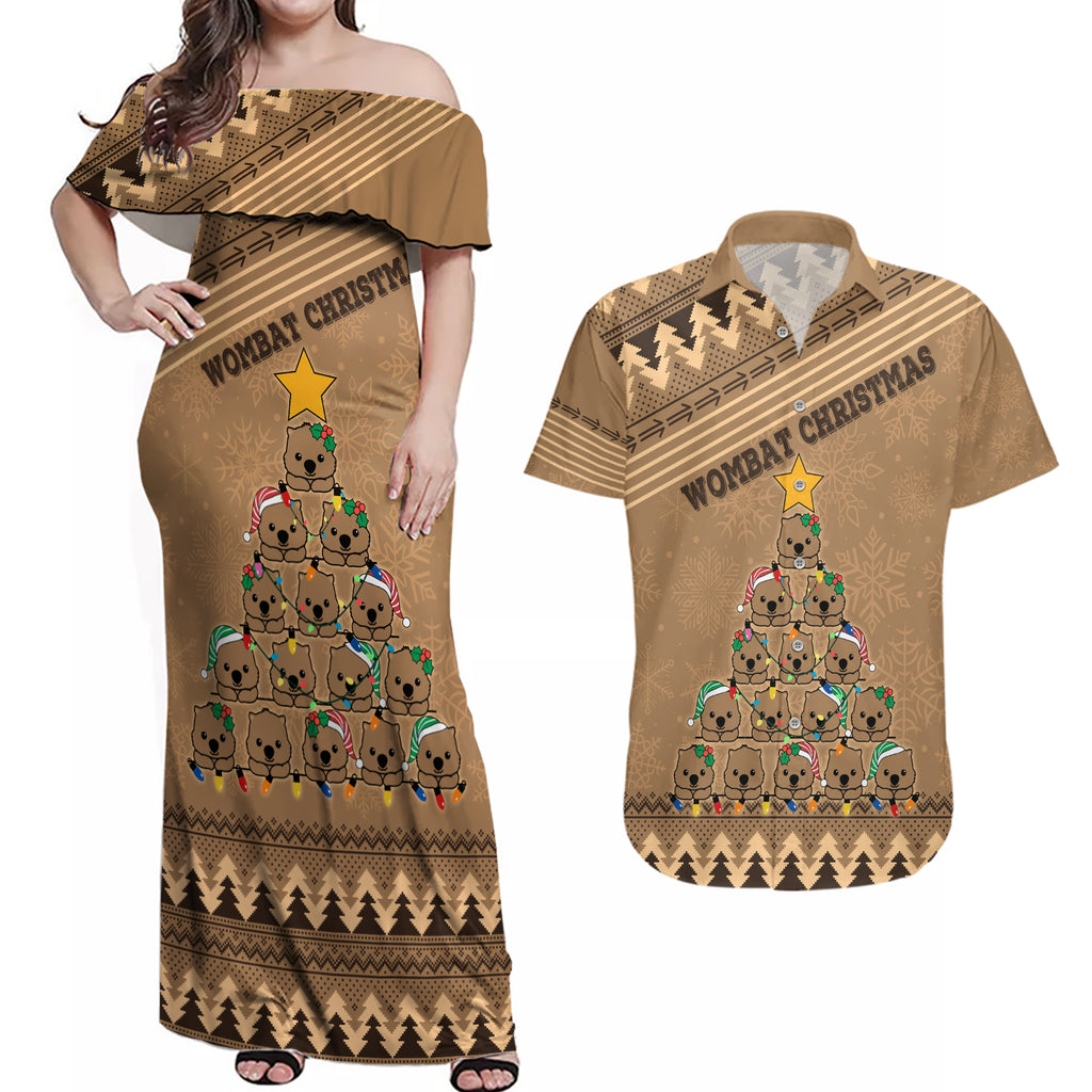 personalised-wombat-christmas-tree-couples-matching-off-shoulder-maxi-dress-and-hawaiian-shirt-australia-merry-xmas-simple-style
