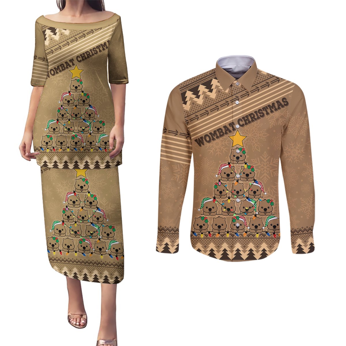 personalised-wombat-christmas-tree-couples-matching-puletasi-dress-and-long-sleeve-button-shirt-australia-merry-xmas-simple-style