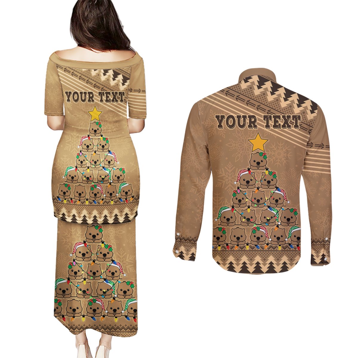 personalised-wombat-christmas-tree-couples-matching-puletasi-dress-and-long-sleeve-button-shirt-australia-merry-xmas-simple-style