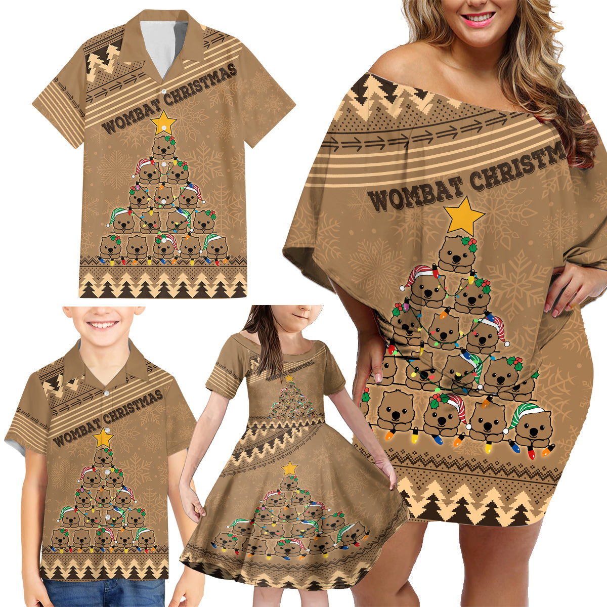 personalised-wombat-christmas-tree-family-matching-off-shoulder-short-dress-and-hawaiian-shirt-australia-merry-xmas-simple-style