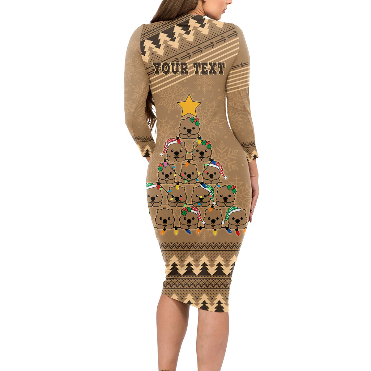personalised-wombat-christmas-tree-long-sleeve-bodycon-dress-australia-merry-xmas-simple-style