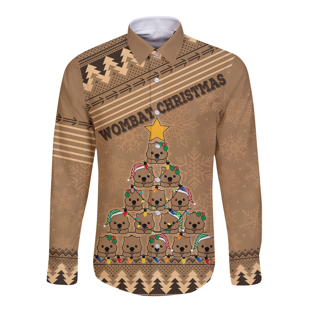 personalised-wombat-christmas-tree-long-sleeve-button-shirt-australia-merry-xmas-simple-style