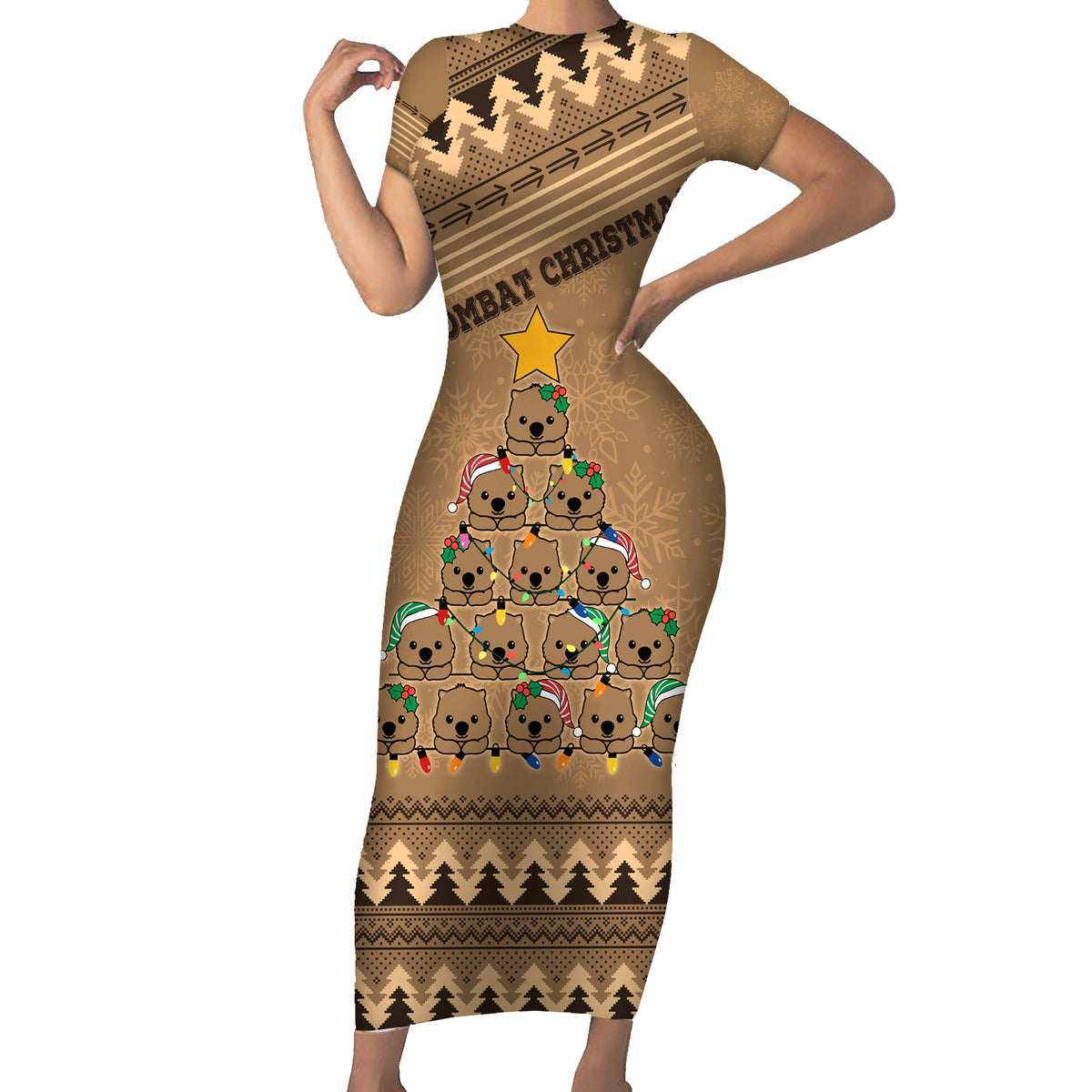 personalised-wombat-christmas-tree-short-sleeve-bodycon-dress-australia-merry-xmas-simple-style