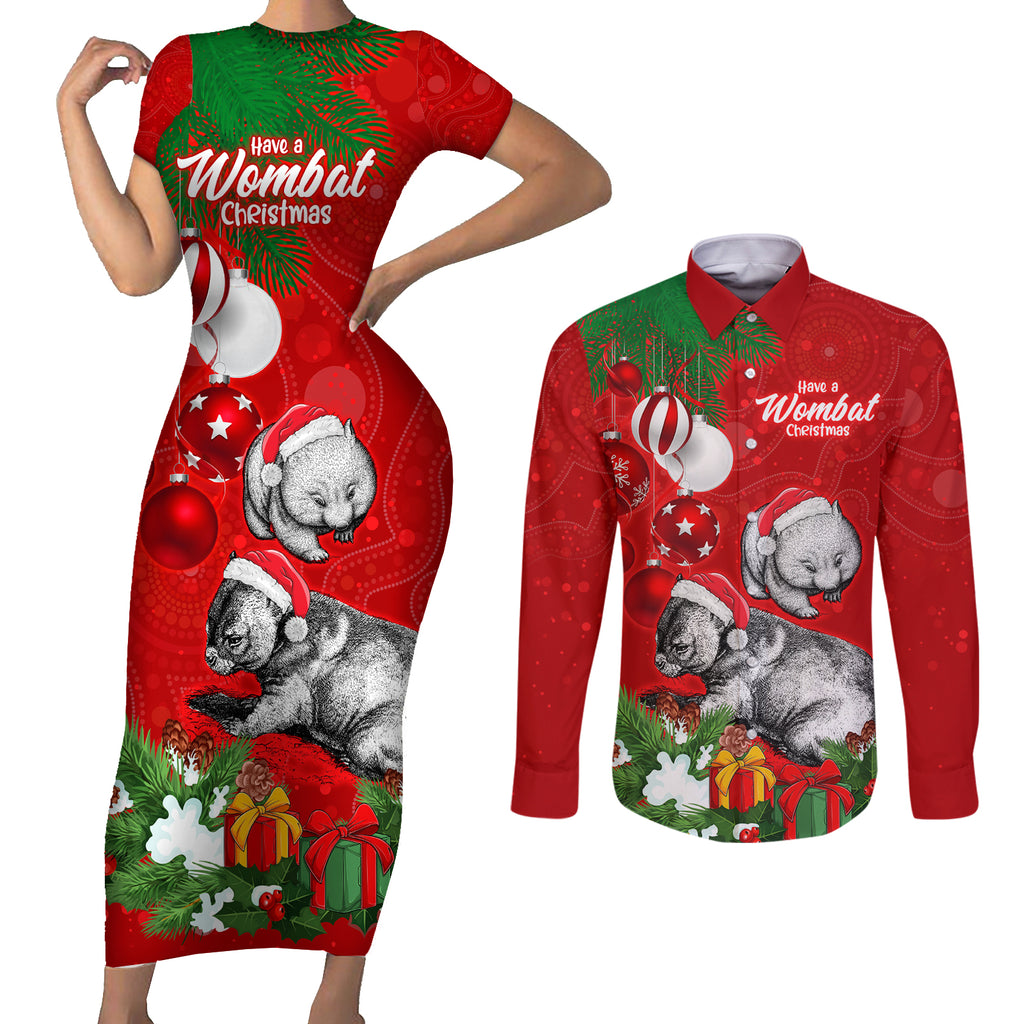 wombat-lover-couples-matching-short-sleeve-bodycon-dress-and-long-sleeve-button-shirt-australia-merry-christmas-aboriginal