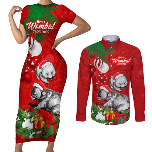 wombat-lover-couples-matching-short-sleeve-bodycon-dress-and-long-sleeve-button-shirt-australia-merry-christmas-aboriginal