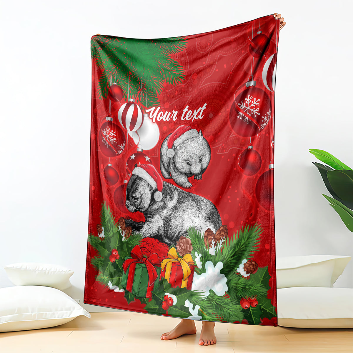 personalised-wombat-lover-blanket-australia-merry-christmas-aboriginal