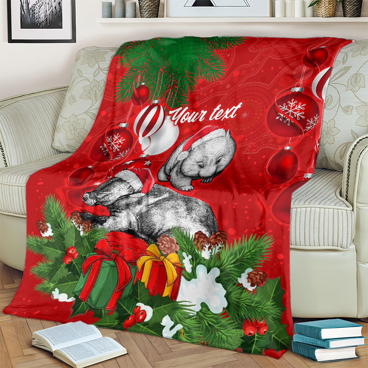 personalised-wombat-lover-blanket-australia-merry-christmas-aboriginal