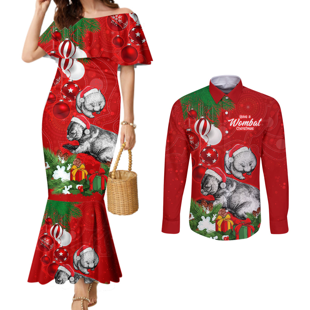 personalised-wombat-lover-couples-matching-mermaid-dress-and-long-sleeve-button-shirt-australia-merry-christmas-aboriginal