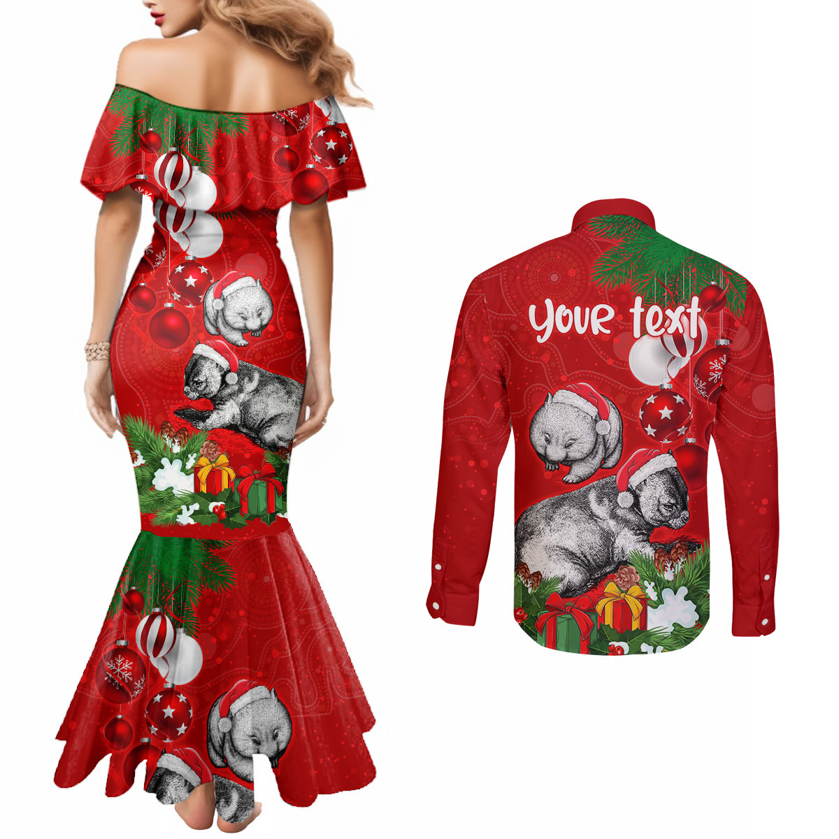 personalised-wombat-lover-couples-matching-mermaid-dress-and-long-sleeve-button-shirt-australia-merry-christmas-aboriginal
