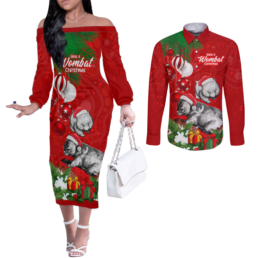 personalised-wombat-lover-couples-matching-off-the-shoulder-long-sleeve-dress-and-long-sleeve-button-shirt-australia-merry-christmas-aboriginal