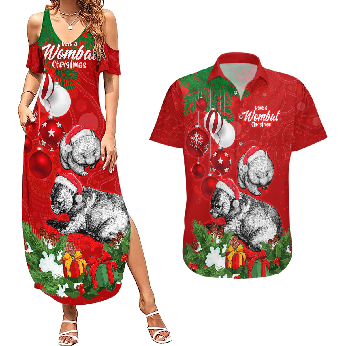 personalised-wombat-lover-couples-matching-summer-maxi-dress-and-hawaiian-shirt-australia-merry-christmas-aboriginal